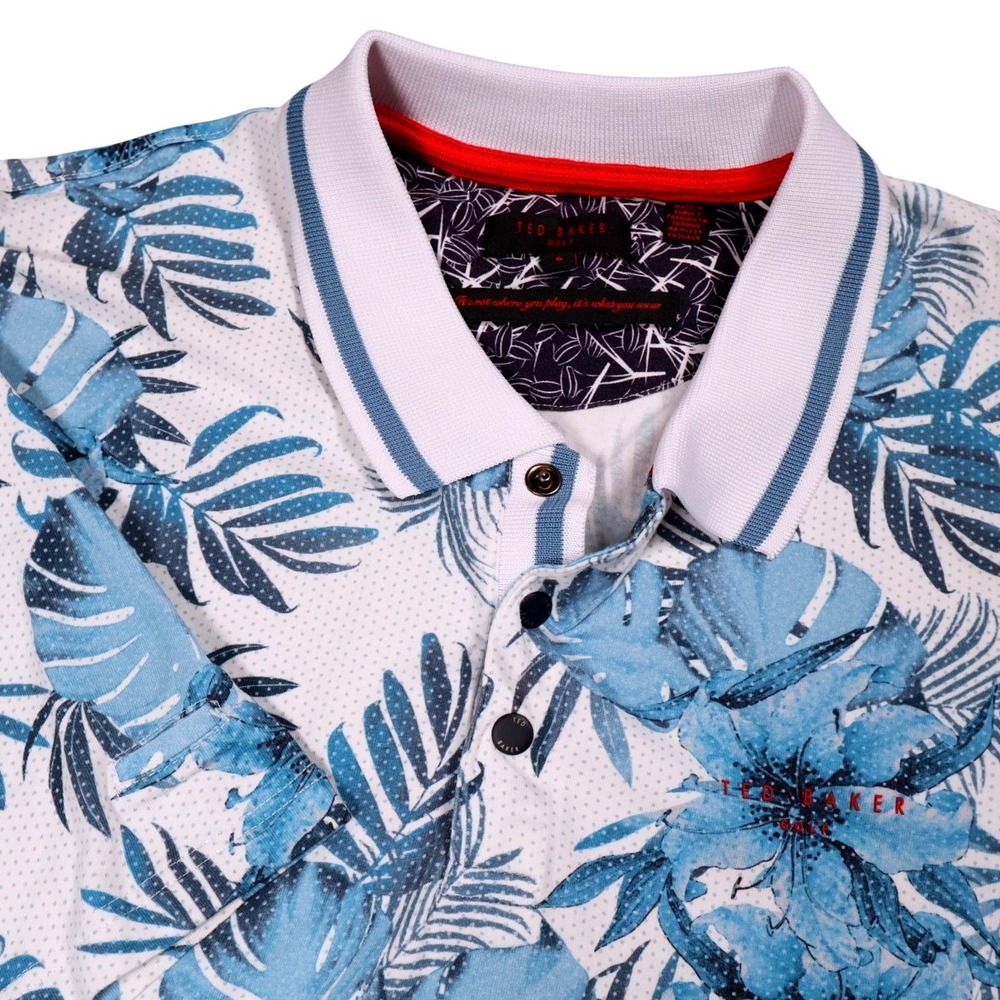 Ted Baker Golf Polo Shirt‎ Floral Print Short Sleeve White Blue Size 6 XL
